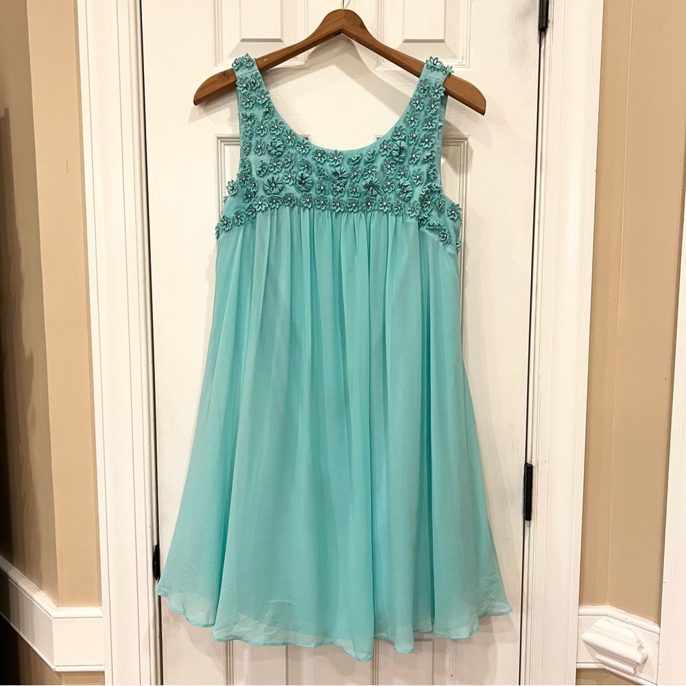 Vintage Betsey Johnson 100% Silk Babydoll Dress Blue Flower Rhinestone Appliqué